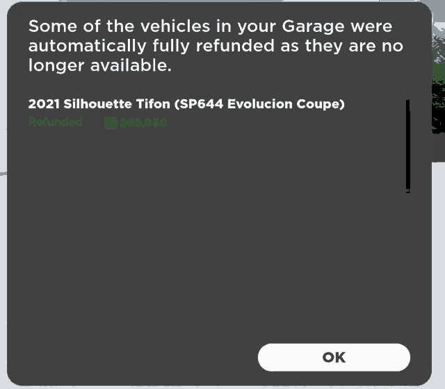 a notification that says some of the vehicles in your garage were automatically fully refunded