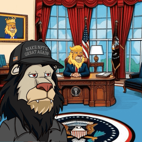 a lion wearing a make nfts great again hat