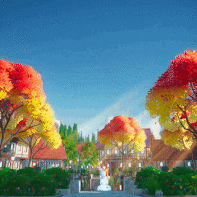 a snowman is in the middle of a park surrounded by trees with yellow and red leaves