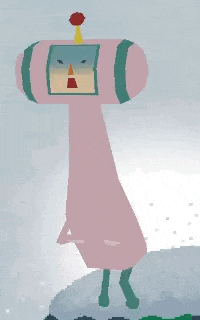 a pixel art drawing of a pink robot standing on top of a snowy hill .