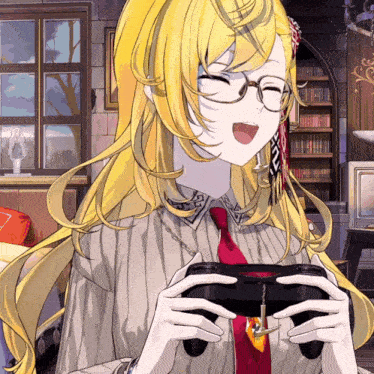 a girl with glasses and a red tie is holding a game controller
