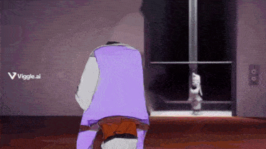 a man in a purple jacket is standing in front of an elevator with the words viggle.ai visible in the corner