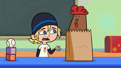 a cartoon of a boy talking to a chicken in a bag