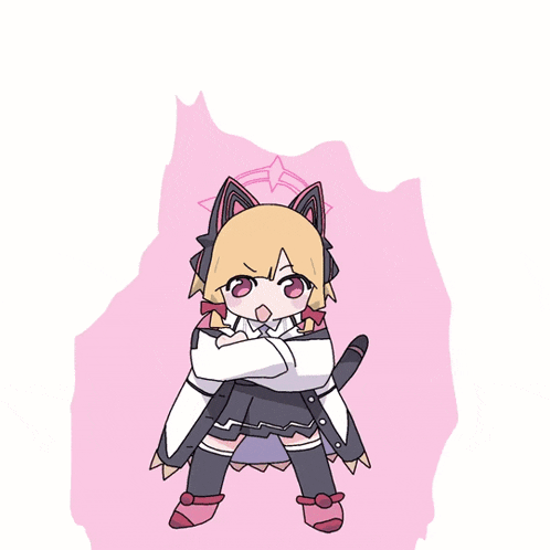 a cartoon drawing of a girl with a cat ear and arms crossed