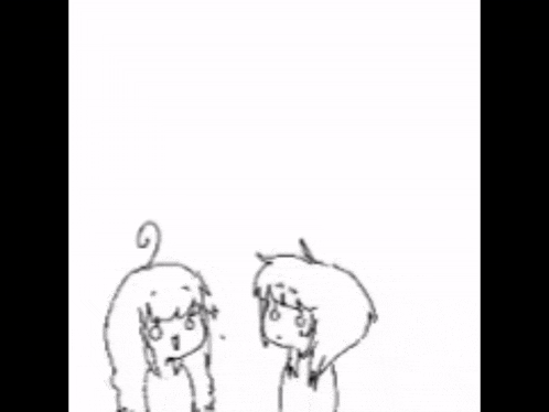 a black and white drawing of two girls talking