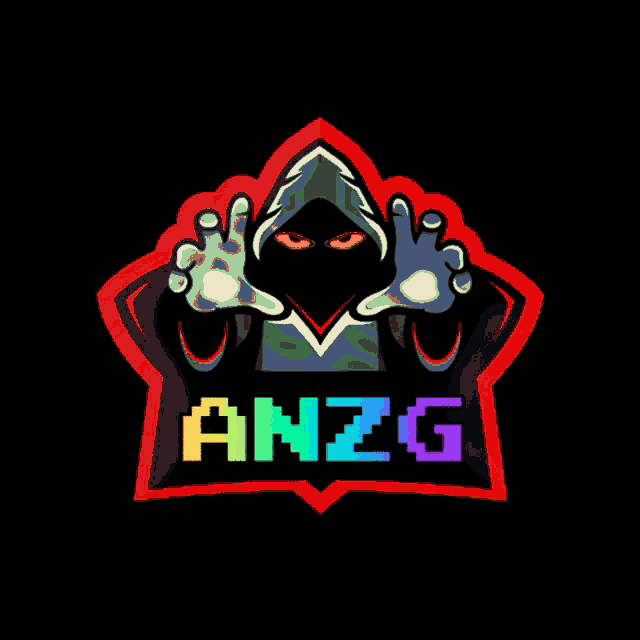 a logo for anzg with a hooded figure with orange eyes
