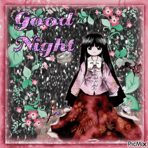 a picture of a girl with long black hair and the words good night