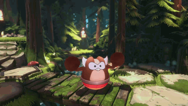 a cartoon character is sitting on a wooden bridge in the woods