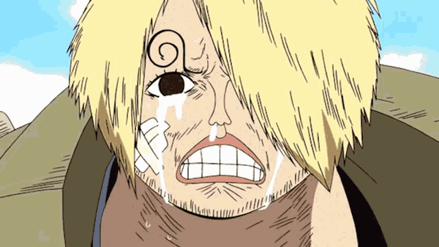 a close up of a cartoon character with a tear coming out of his nose