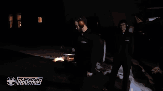 a man holding a torch with the words hacksmith industries written on the bottom