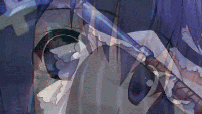 a close up of a person 's face with a sword in their hand