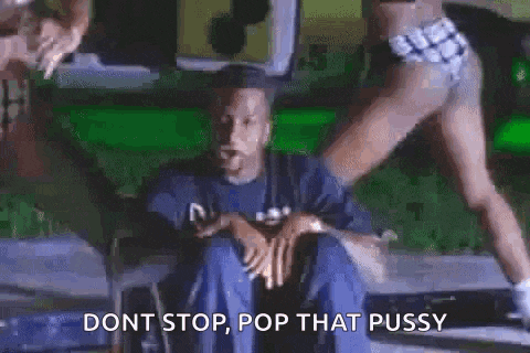 a man in a wheelchair is sitting in front of a group of women and says `` dont stop , pop that pussy '' .