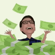 a man is sitting in a pile of money .