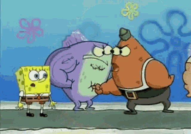 a cartoon of spongebob squarepants standing next to a purple fish .