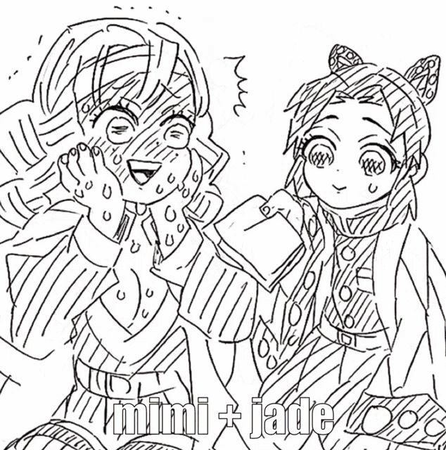 a cartoon drawing of two girls with the words mimi + jade on the bottom
