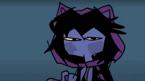 a drawing of a purple cat with a black head