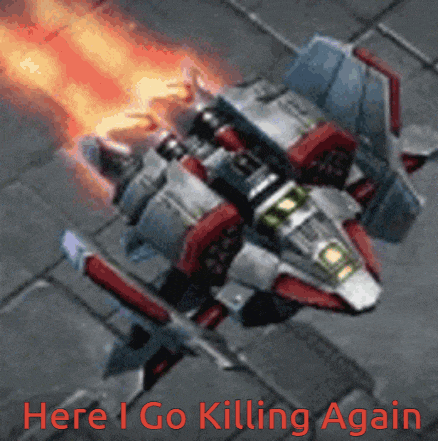 a picture of a space ship with the words here i go killing again on it