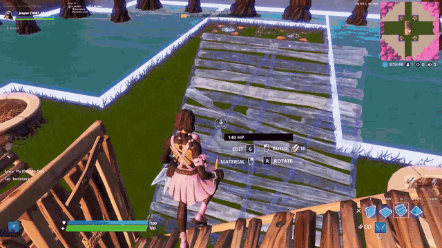 a girl in a pink dress is playing a video game and her hp is 143