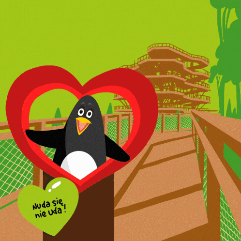 a penguin in a heart with a green heart that says nuda sie nie uda on it