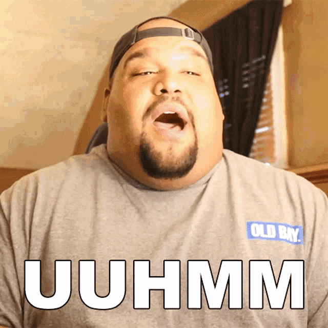 a man with a beard wearing an old bay shirt says uuhmm