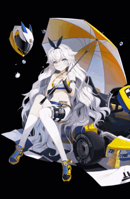 a girl with white hair is sitting next to a race car with an umbrella that says flat tire