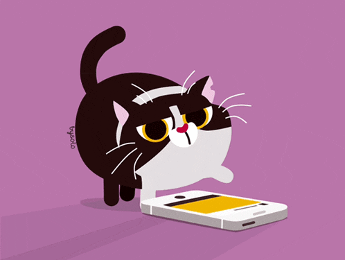 a black and white cat is standing next to a cell phone with a heart on it
