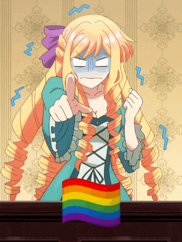 a cartoon girl with a rainbow flag behind her