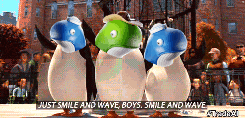 three penguins are standing next to each other with the caption just smile and wave