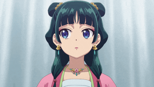 a girl with green hair is wearing a pink dress and a necklace