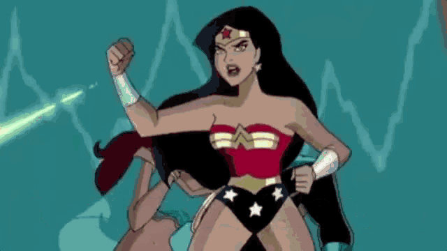 a cartoon of wonder woman holding a fist in the air while standing next to a man .
