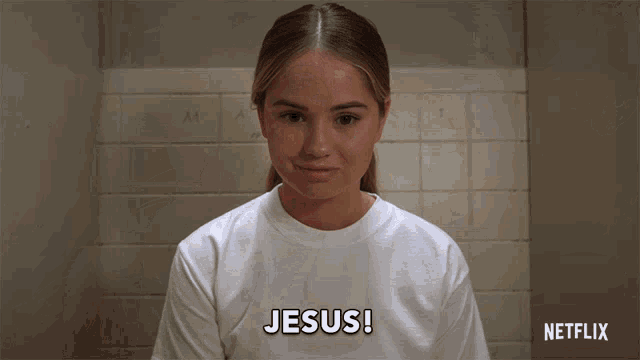 a woman says jesus in front of a netflix ad