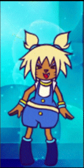 a cartoon drawing of a girl with yellow hair and blue shorts