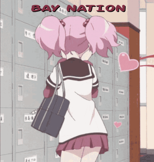 a girl with pink hair is standing in front of a row of lockers with bay nation written on the bottom