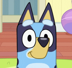 a close up of a cartoon dog 's face with a purple ball in the background