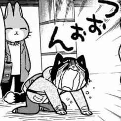 a black and white cartoon of a cat crying while a rabbit stands behind it .