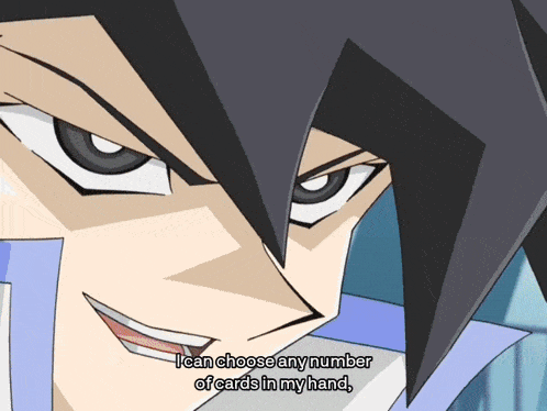 a close up of a cartoon character with the words " i can choose any number of cards in my hand "