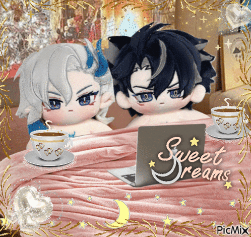 a couple of stuffed animals are laying on a bed with a laptop and cups of coffee
