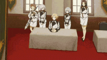 a group of anime characters stand around a table