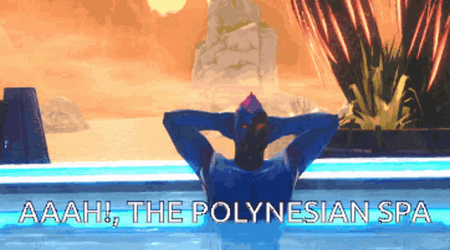 a cartoon of a man in a pool with the words aaah the polynesian spa