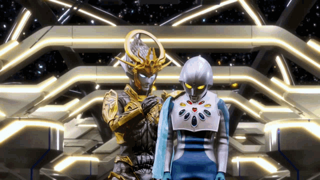 a man and a woman are standing next to each other in a futuristic setting