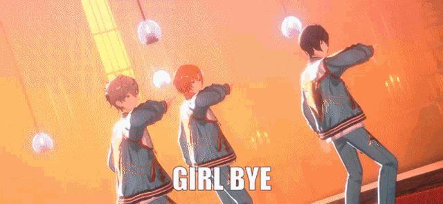 a group of anime characters are dancing with the words girl bye below them