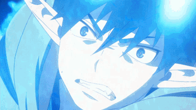 a close up of a person 's face with blue hair and white ears
