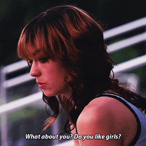 a woman says " what about you " and " do you like girls "