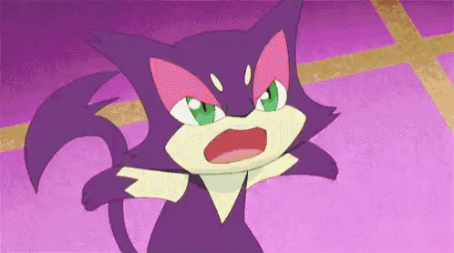 a purple cat with green eyes and a pink nose is standing on a purple floor .
