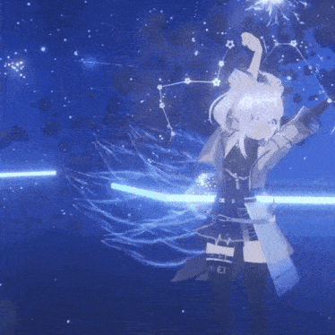 a girl with white hair is standing in front of a constellation in the sky