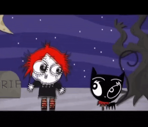 a cartoon of a girl and a cat standing in front of a rip gravestone