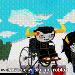 a cartoon character in a wheelchair is talking to another character with horns