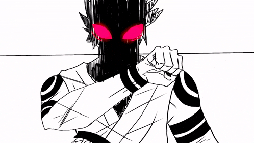 a black and white drawing of a monster with red eyes and yellow eyes