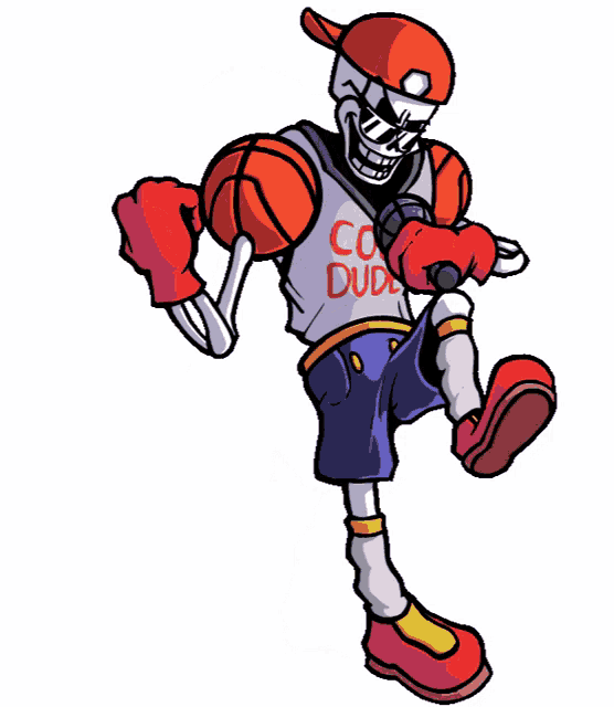 a cartoon skeleton is wearing a shirt that says cool dude and holding a basketball .