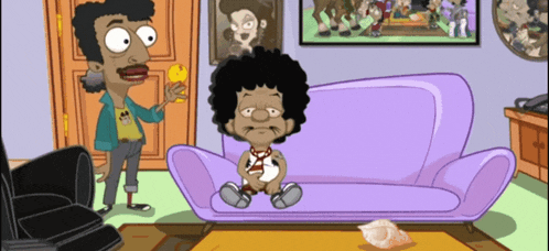 a cartoon of a man standing next to a purple couch and a boy sitting on it